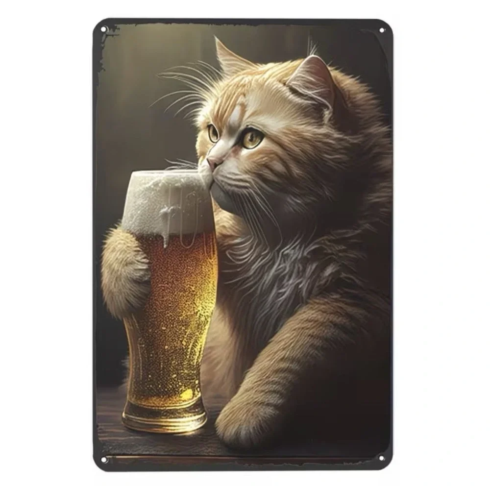 New Funny Tavern Cat with Beer Distressed Tin Metal Sign Home Décor 8x12 Bar Den